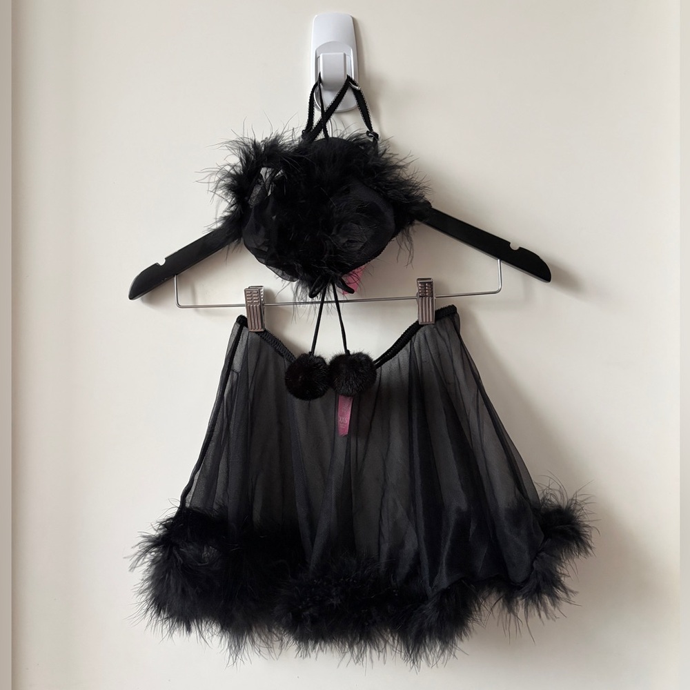 Sugar Thrillz IT'S MY MOMENT MARABOU TWO PIECE SET- BLACK